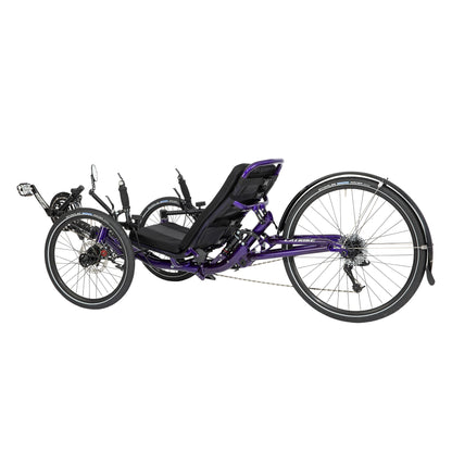 Rear angled non-drive-side view of the Catrike Dumont Recumbent Trike in Candy Purple against a white background.
