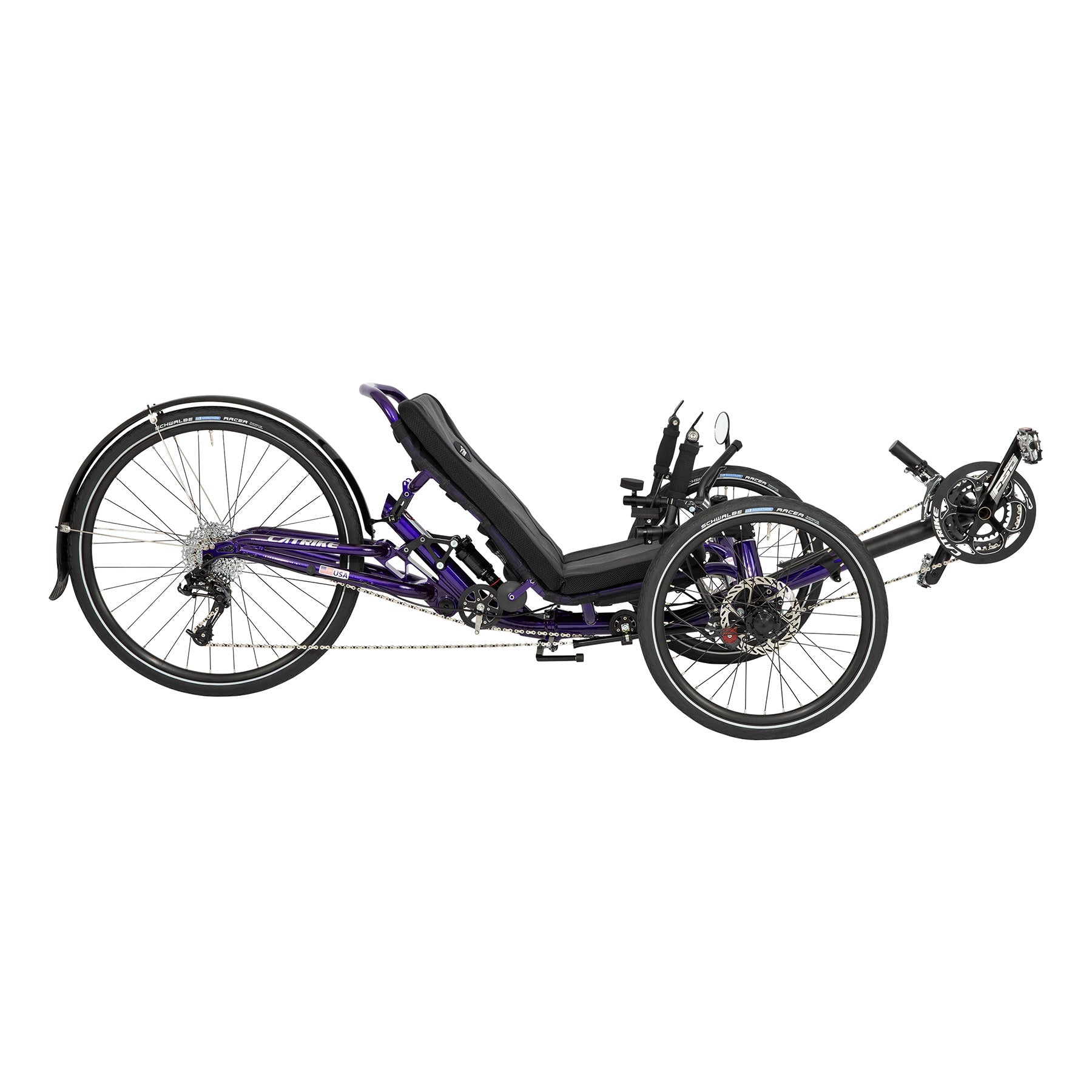 Side view of the Catrike Dumont Recumbent Trike in Candy Purple against a white background.