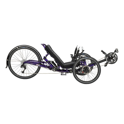 Side view of the Catrike Dumont Recumbent Trike in Candy Purple against a white background.