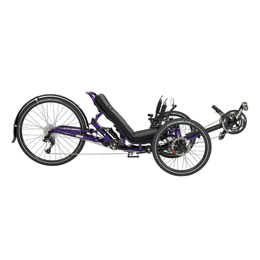 Side view of the Catrike Dumont Recumbent Trike in Candy Purple against a white background.