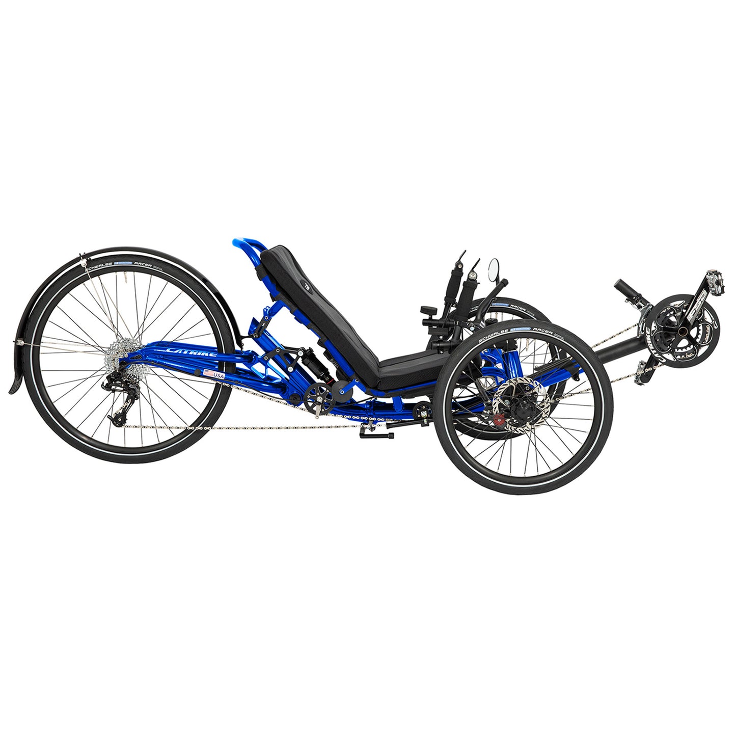 Side view of the Catrike Dumont Recumbent Trike in Electric Blue against a white background.