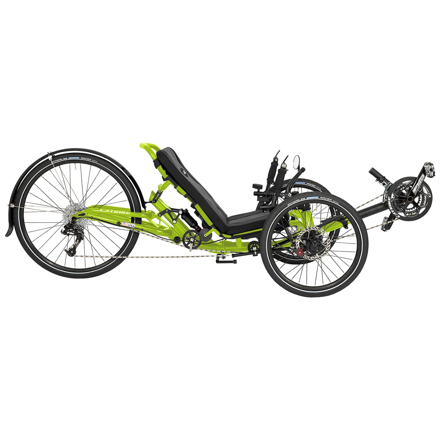 Side view of the Catrike Dumont Recumbent Trike in Eon Green against a white background.
