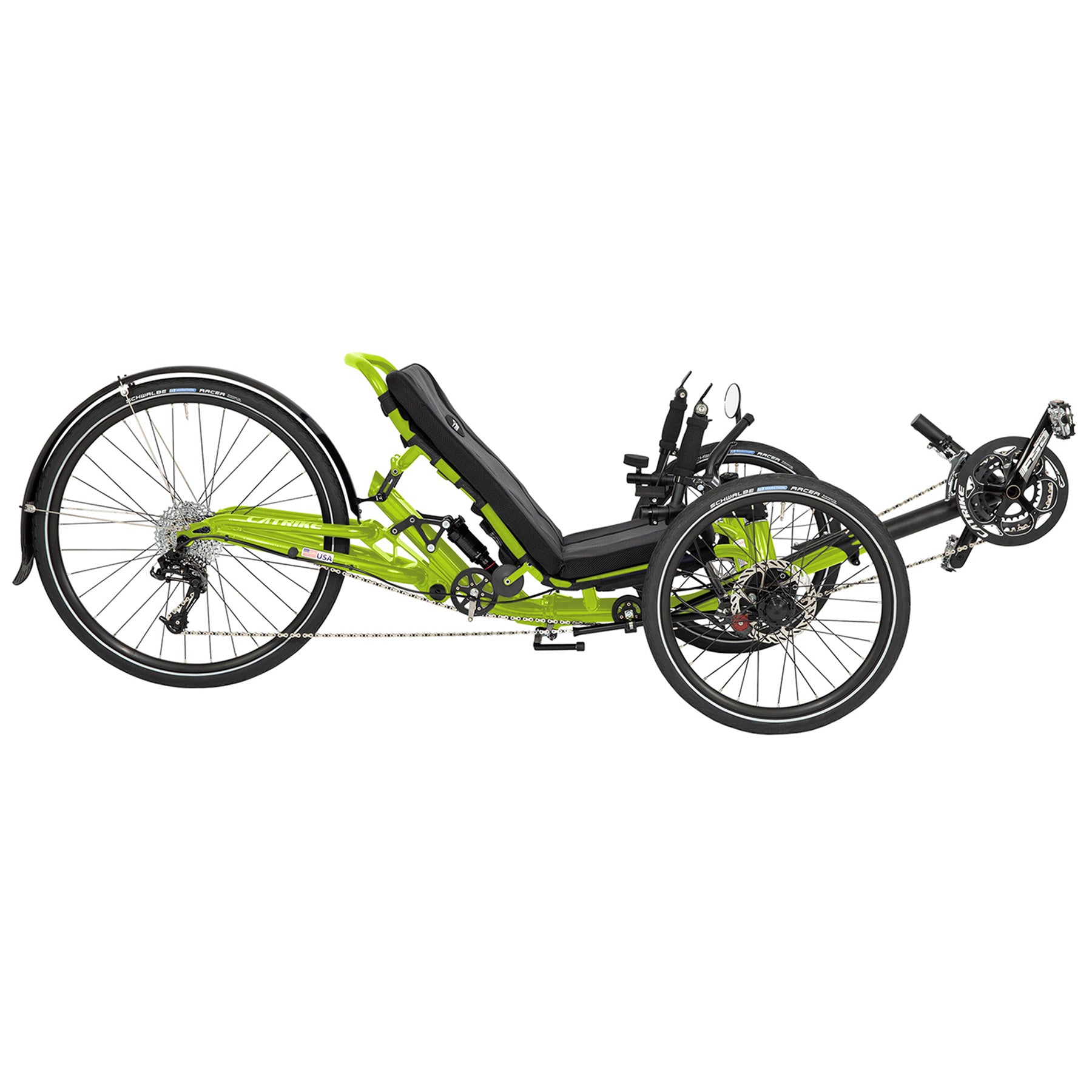 Side view of the Catrike Dumont Recumbent Trike in Eon Green against a white background.