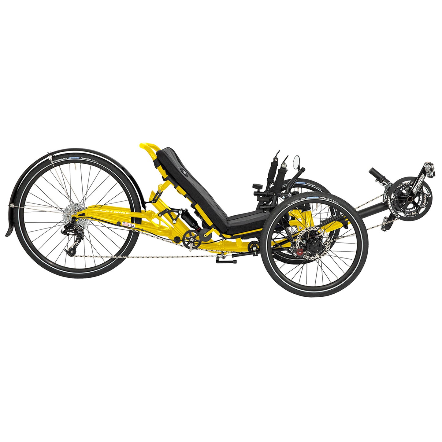 Side view of the Catrike Dumont Recumbent Trike in Firefly Yellow against a white background.