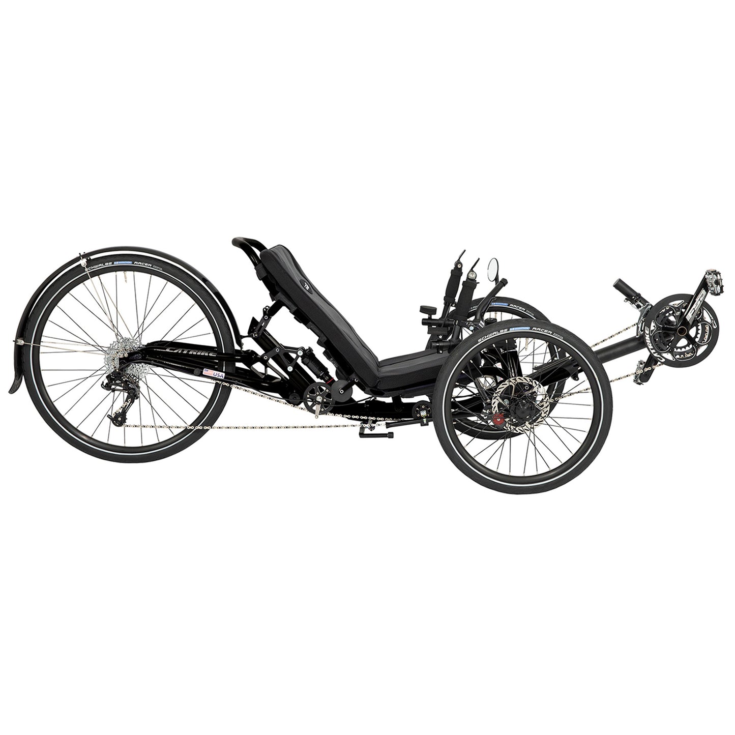 Side view of the Catrike Dumont Recumbent Trike in Liquid Black against a white background.
