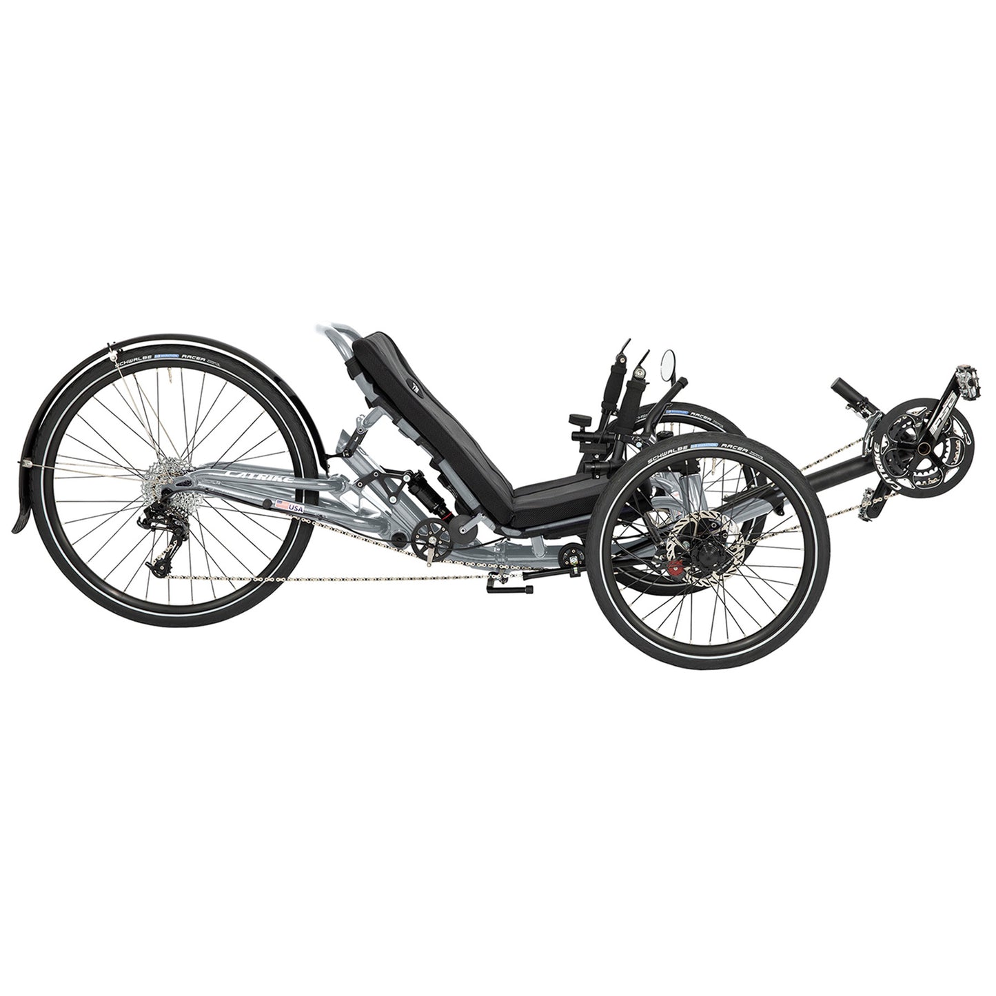 Side view of the Catrike Dumont Recumbent Trike in Moon Rock Silver against a white background.