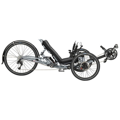 Side view of the Catrike Dumont Recumbent Trike in Moon Rock Silver against a white background.