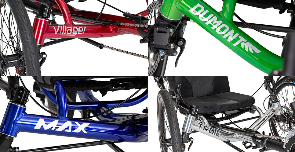 Collage of four recumbent trikes with visible brand names: Villager, Dumont, MAX, and Trail.
