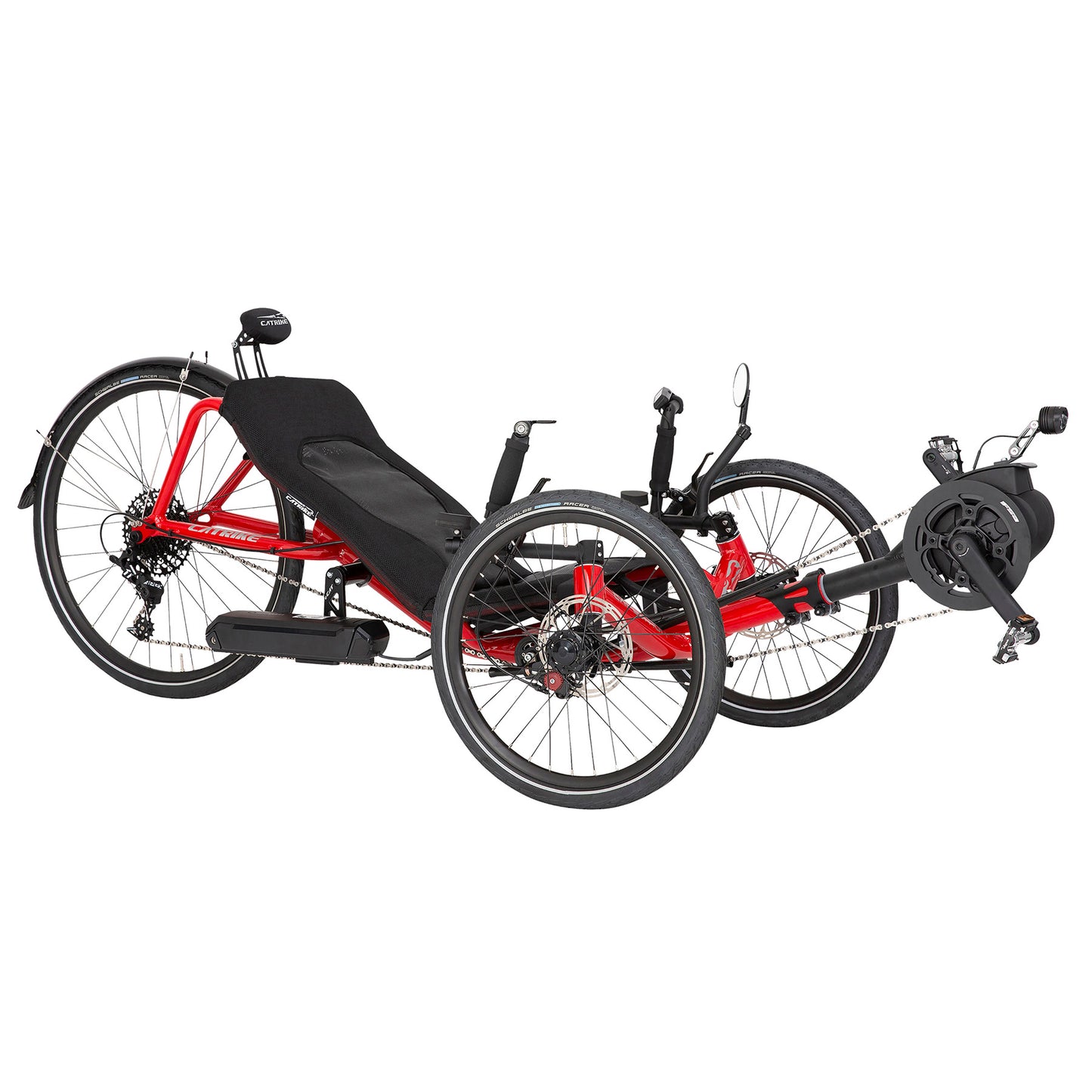 Front angled view of the Catrike Expedition eCat with Bosch BES3 Recumbent Trike in Lava Red against a white background.