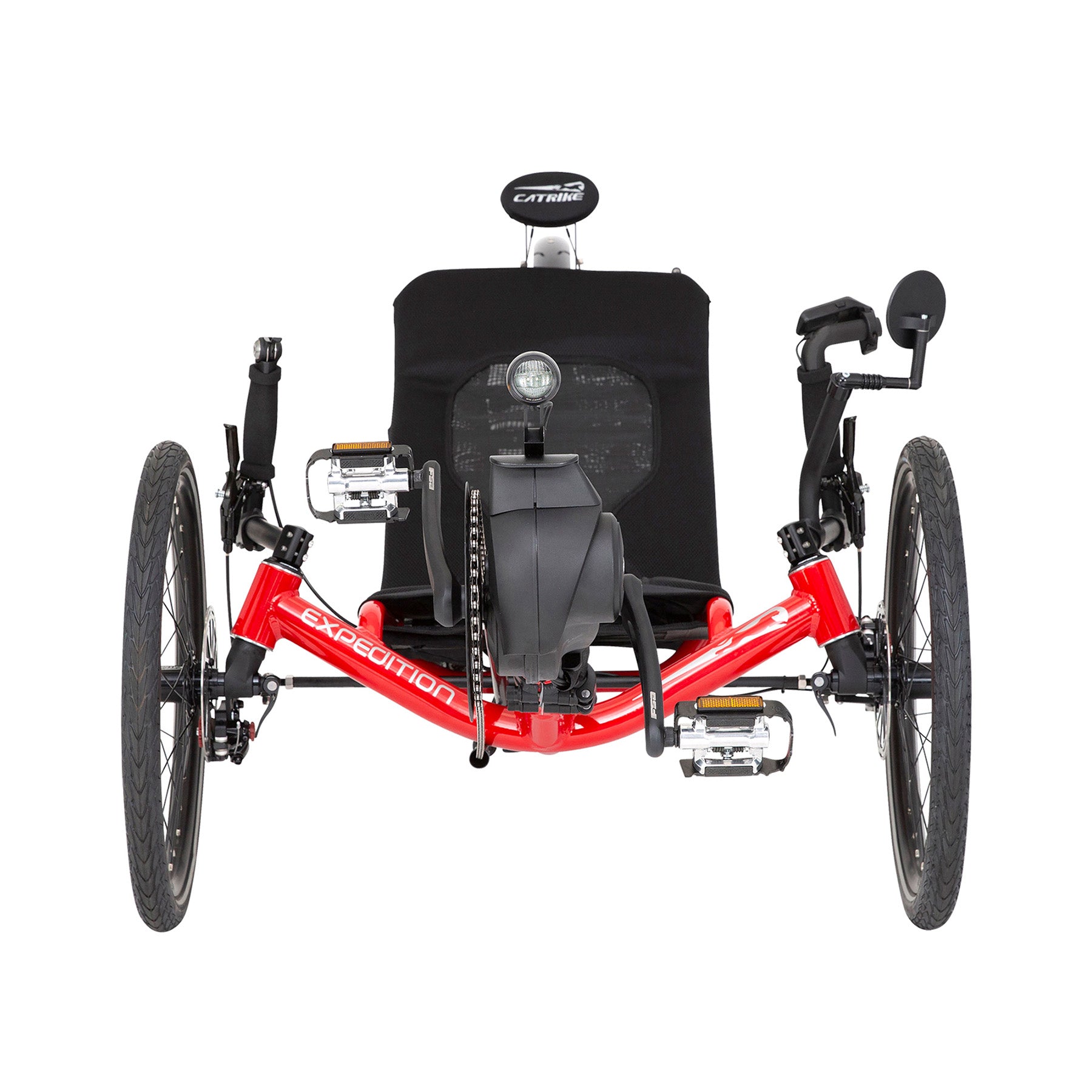 Front view of the Catrike Expedition eCat with Bosch BES3 Recumbent Trike in Lava Red against a white background.