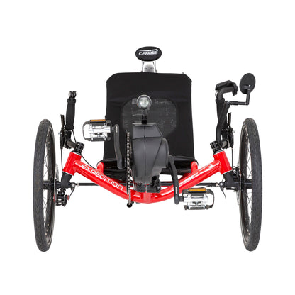 Front view of the Catrike Expedition eCat with Bosch BES3 Recumbent Trike in Lava Red against a white background.