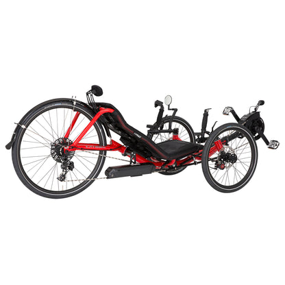 Rear angled view of the Catrike Expedition eCat with Bosch BES3 Recumbent Trike in Lava Red against a white background.