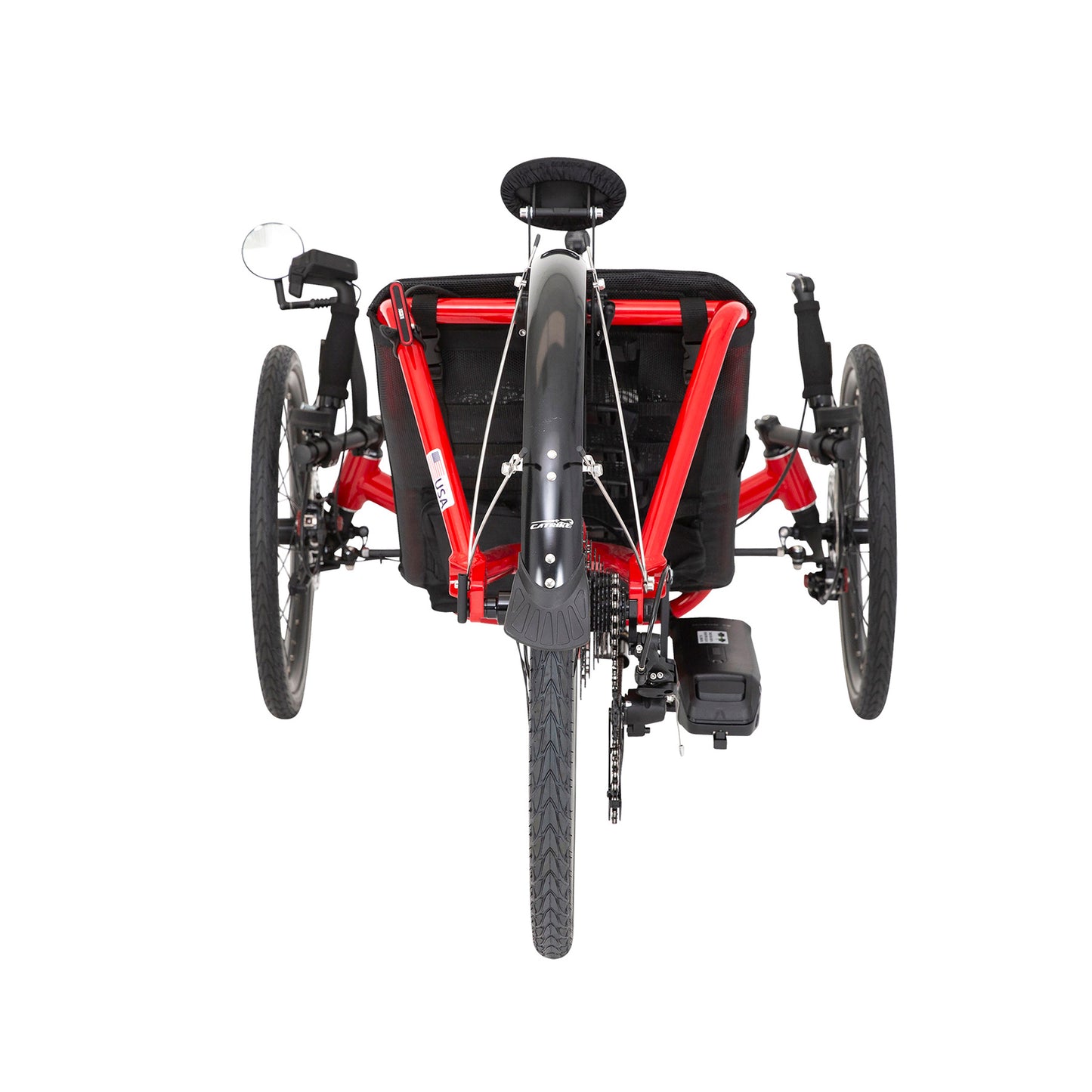 Rear view of the Catrike Expedition eCat with Bosch BES3 Recumbent Trike in Lava Red against a white background.