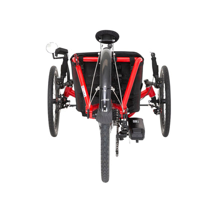 Rear view of the Catrike Expedition eCat with Bosch BES3 Recumbent Trike in Lava Red against a white background.