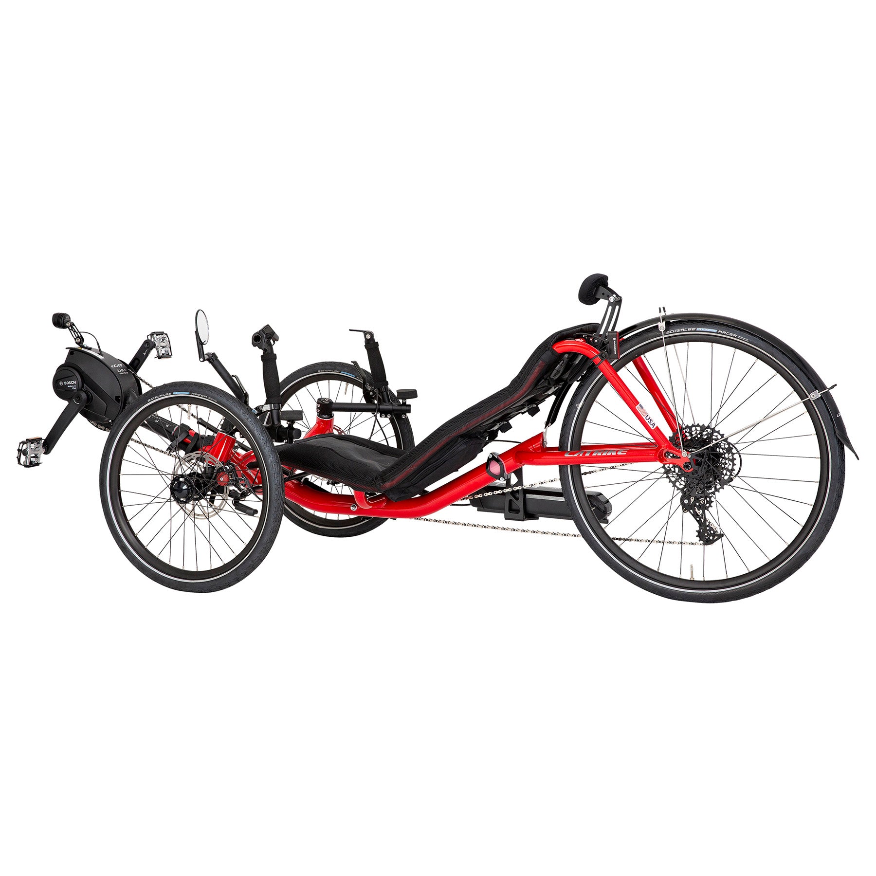 Rear angled non-drive-side view of the Catrike Expedition eCat with Bosch BES3 Recumbent Trike in Lava Red against a white background.