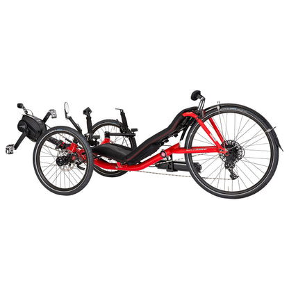 Rear angled non-drive-side view of the Catrike Expedition eCat with Bosch BES3 Recumbent Trike in Lava Red against a white background.