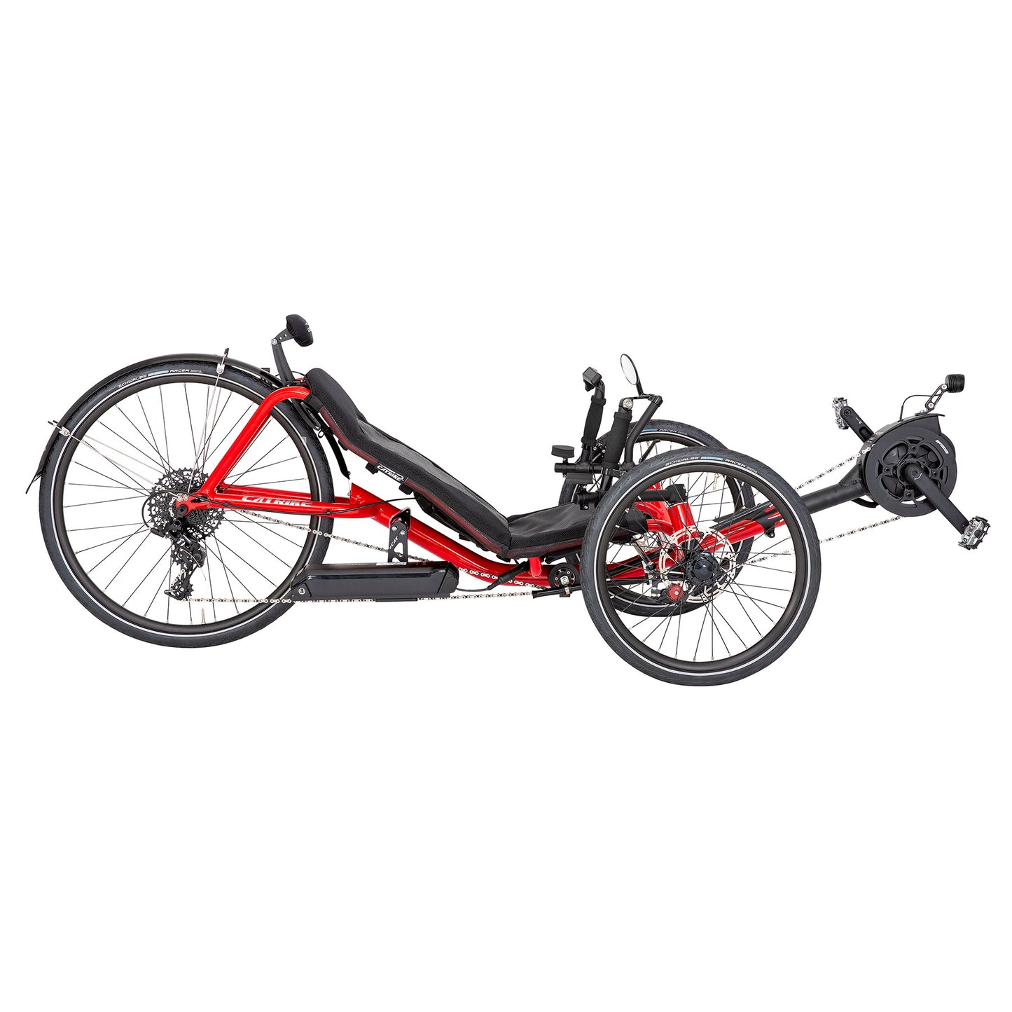 Side view of the Catrike Expedition eCat with Bosch BES3 Recumbent Trike in Lava Red against a white background.