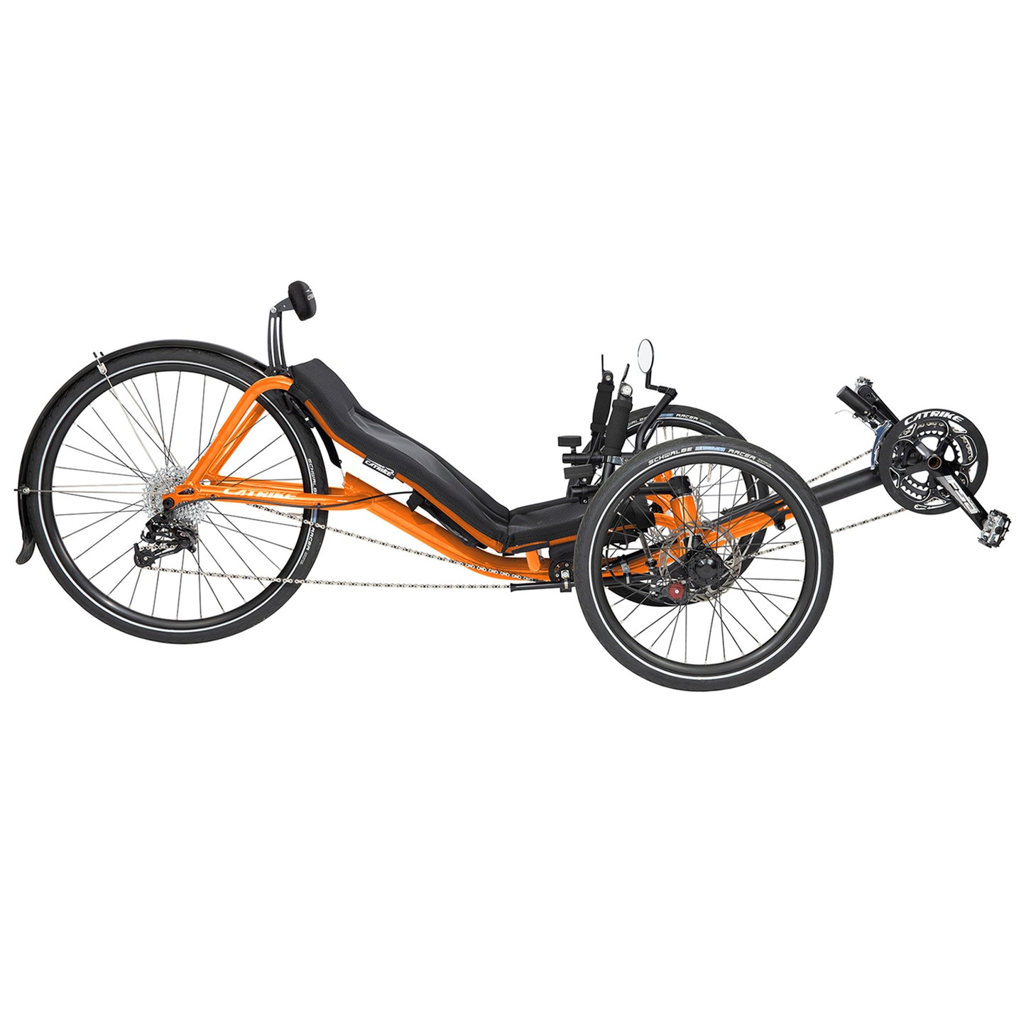 Side view of the Catrike Expedition Recumbent Trike in Atomic Orange against a white background.