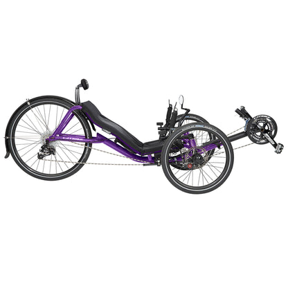 Side view of the Catrike Expedition Recumbent Trike in Candy Purple against a white background.