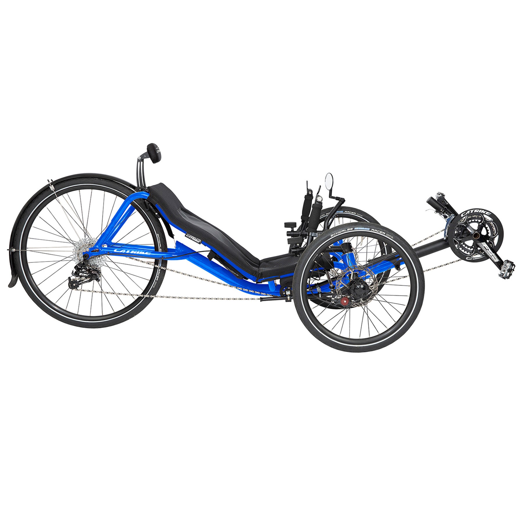 Side view of the Catrike Expedition Recumbent Trike in Electric Blue against a white background.