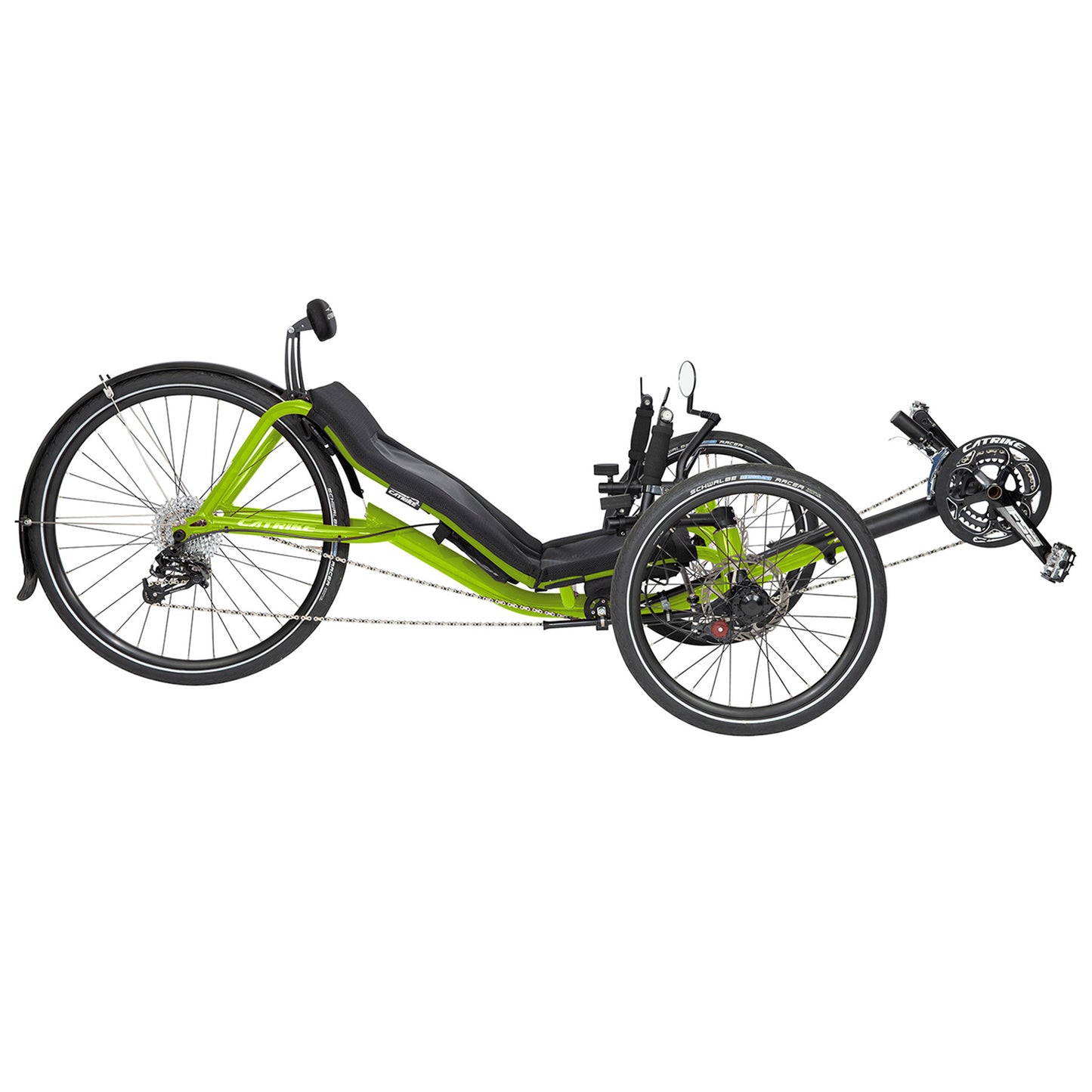 Side view of the Catrike Expedition Recumbent Trike in Eon Green against a white background.