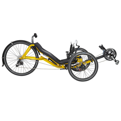 Side view of the Catrike Expedition Recumbent Trike in Firefly yellow against a white background.