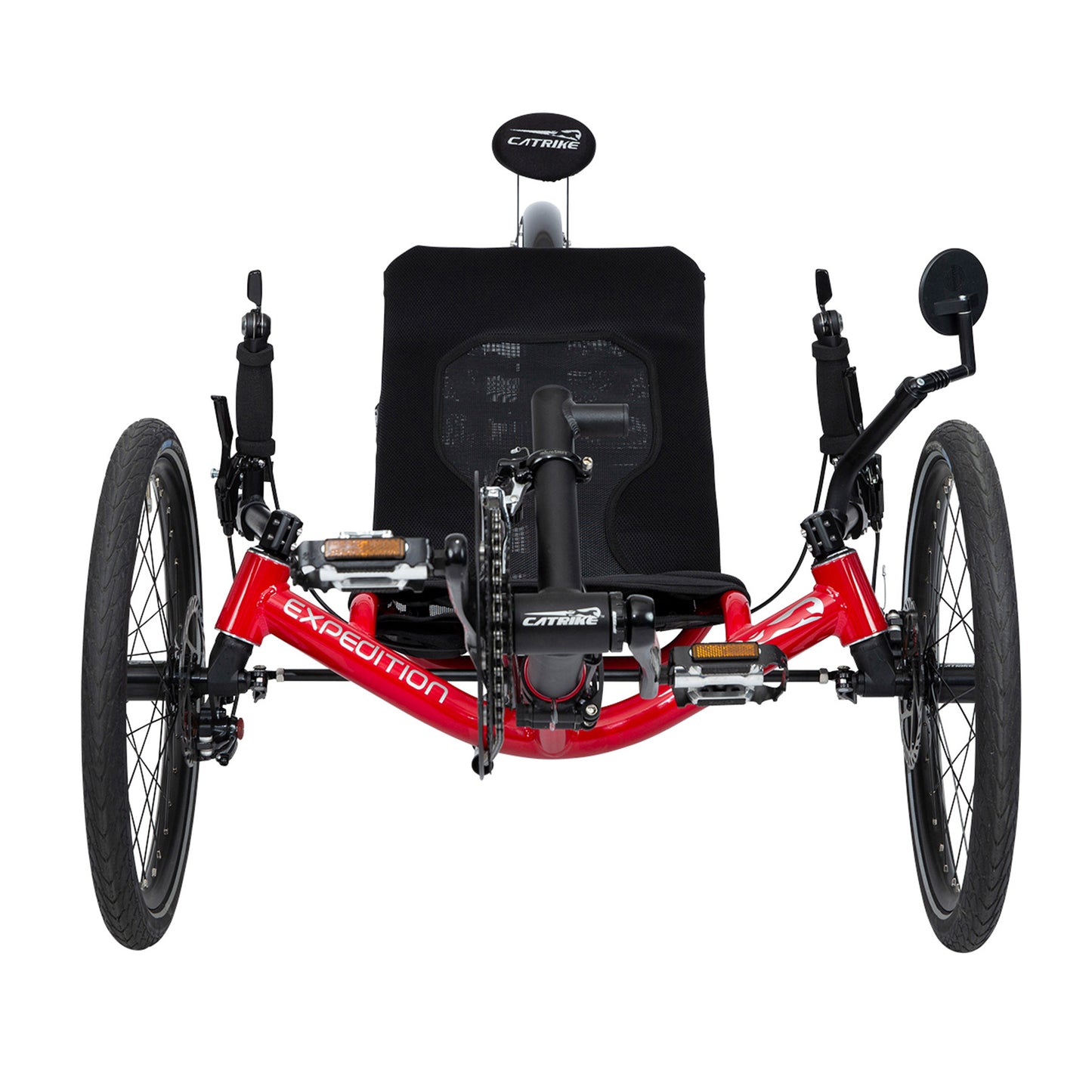 Front view of the Catrike Expedition Recumbent Trike in Lava Red against a white background.