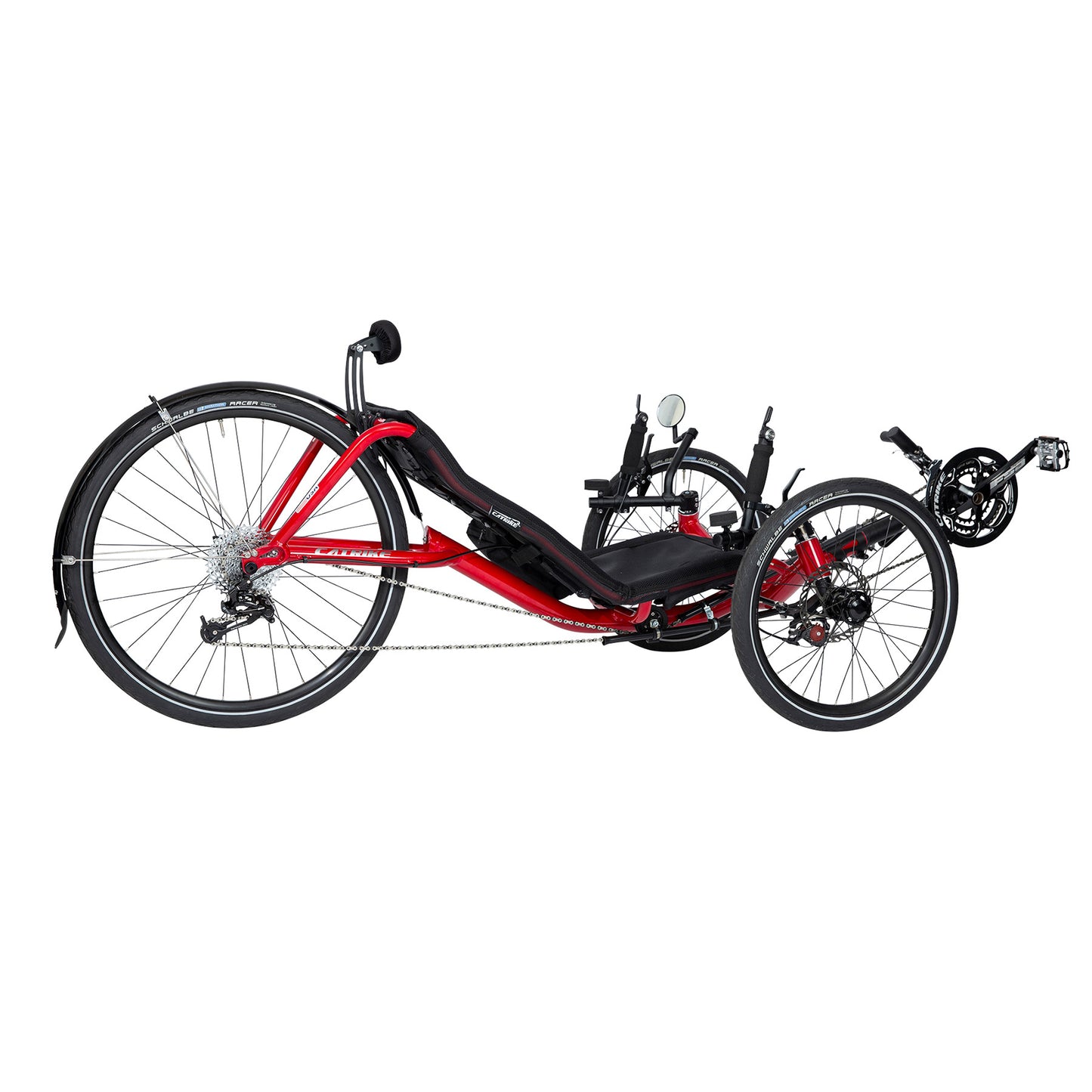 Rear angled view of the Catrike Expedition Recumbent Trike in Lava Red against a white background.