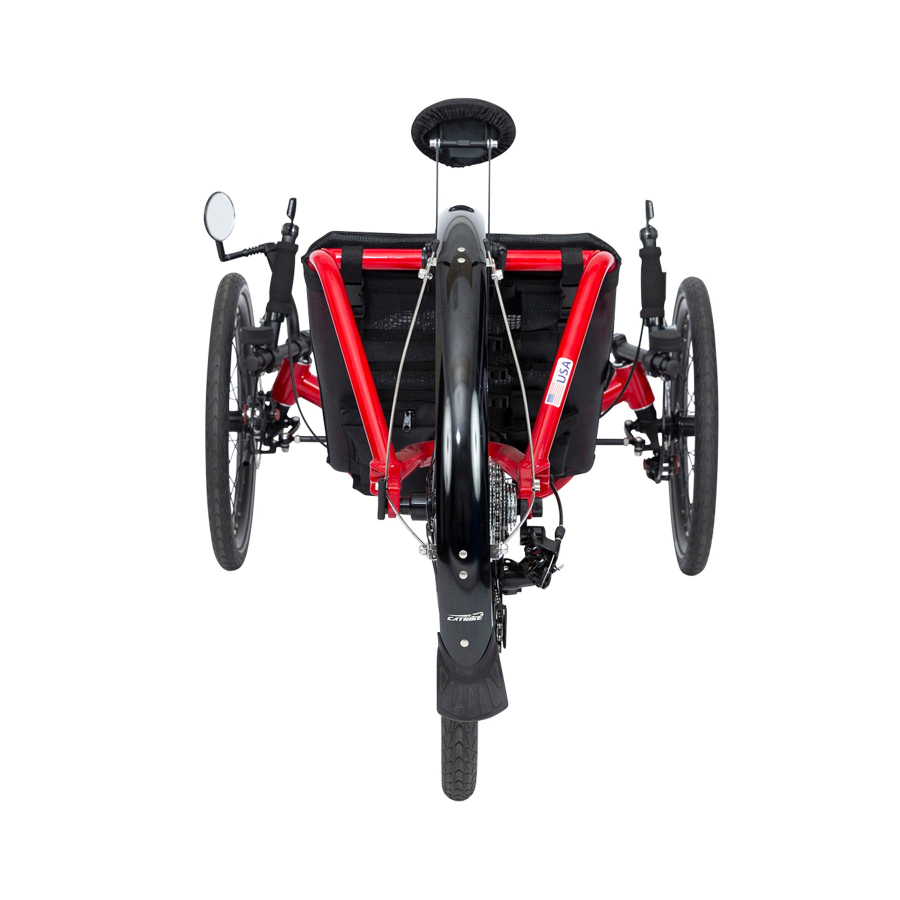 Rear view of the Catrike Expedition Recumbent Trike in Lava Red against a white background.