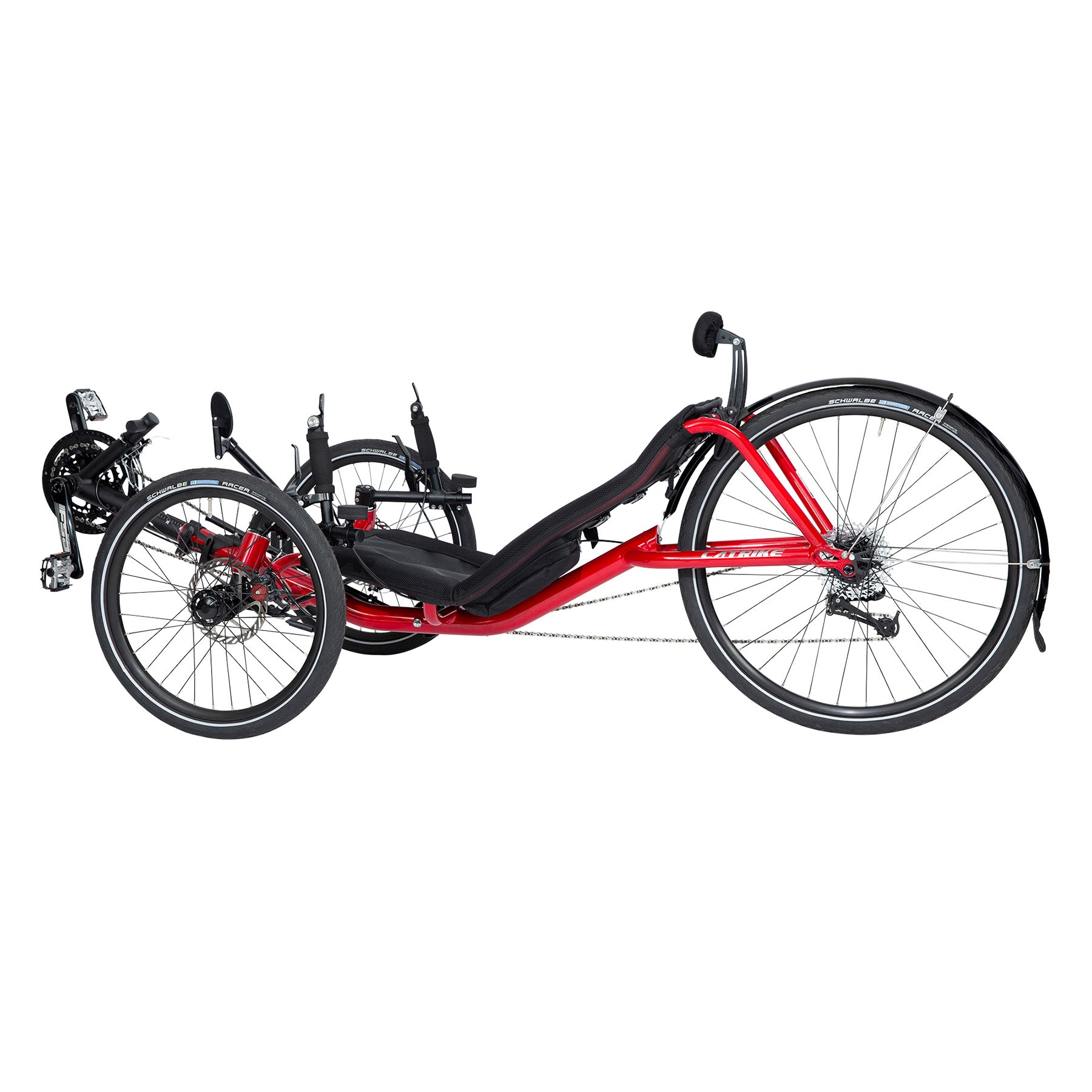 Angled rear non-drive-side view of the Catrike Expedition Recumbent Trike in Lava Red against a white background.