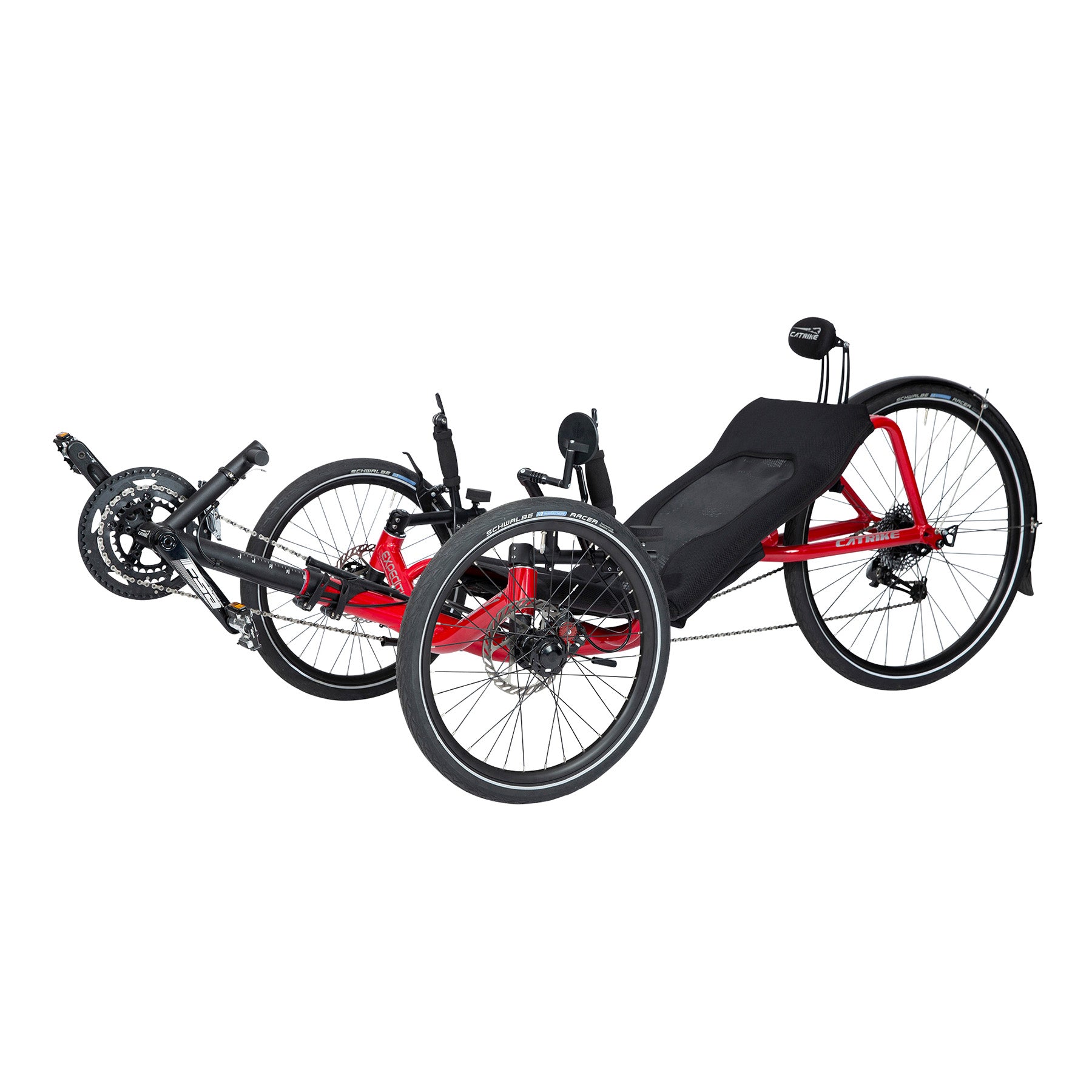 Angled front non-drive-side view of the Catrike Expedition Recumbent Trike in Lava Red against a white background.