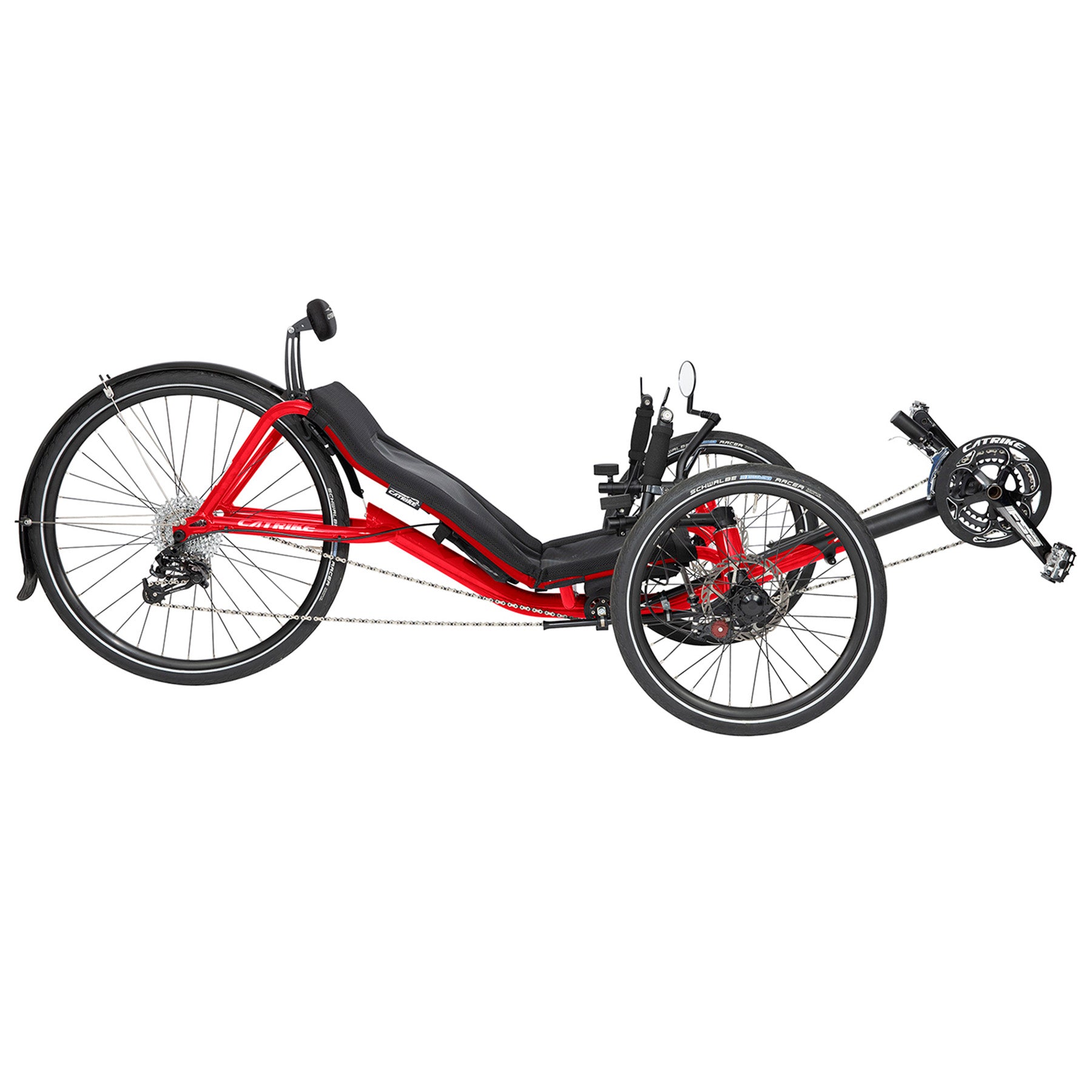 Side view of the Catrike Expedition Recumbent Trike in Lava Red against a white background.