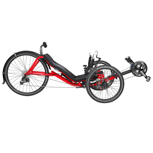 Side view of the Catrike Expedition Recumbent Trike in Lava Red against a white background.
