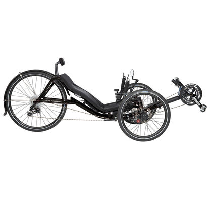 Side view of the Catrike Expedition Recumbent Trike in Liquid Black against a white background.