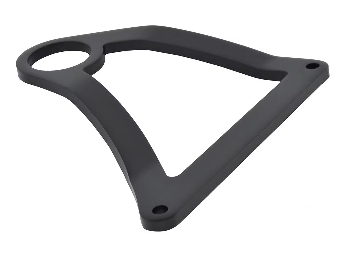 Studio image of a black triangular bracket with one small hole in two of the corners and one larger hole in the third corner. 