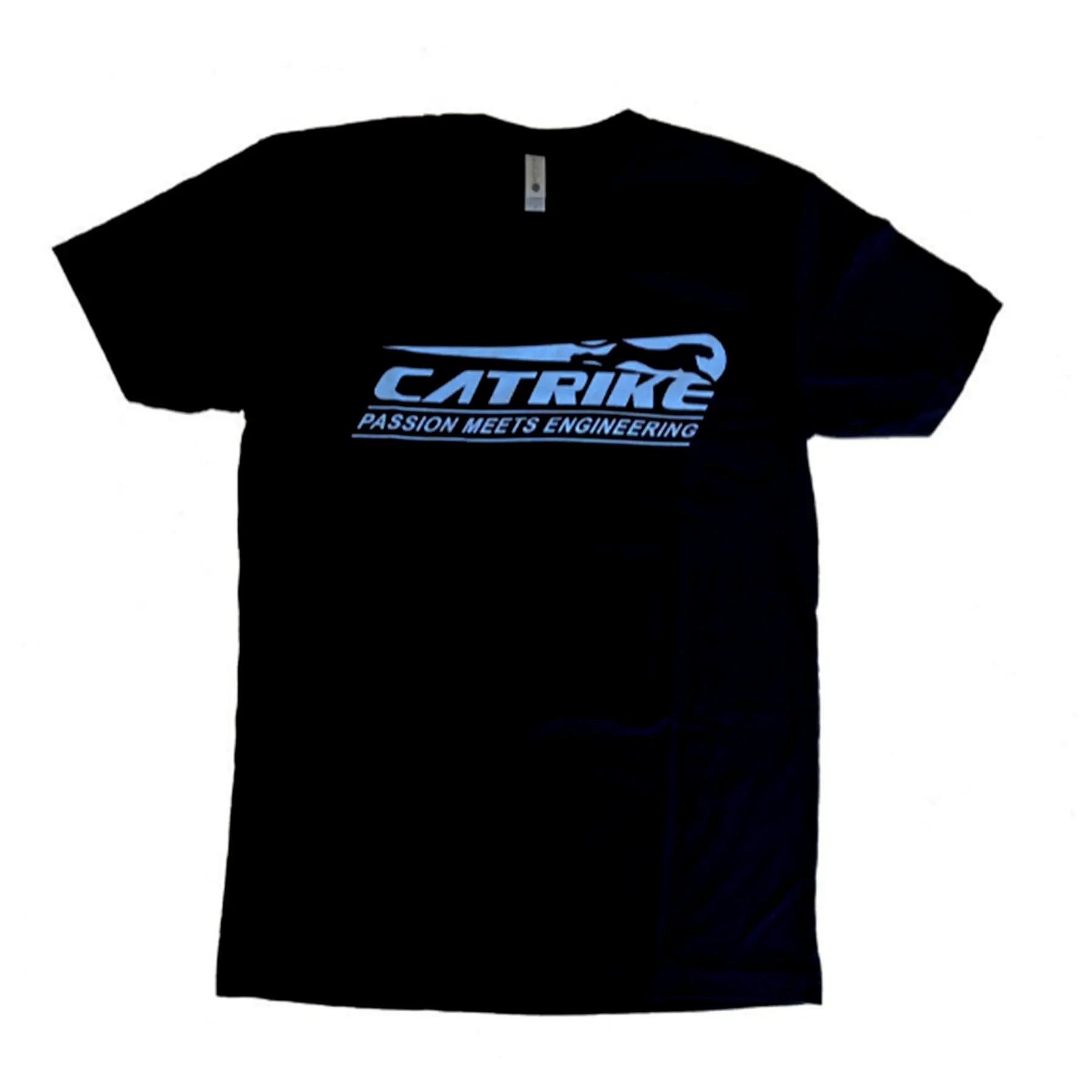 Front view of the Catrike Logo Black T-Shirt with a light blue Catrike Cat and word logo graphic that also says "Passion Meets Engineering" against a white background.