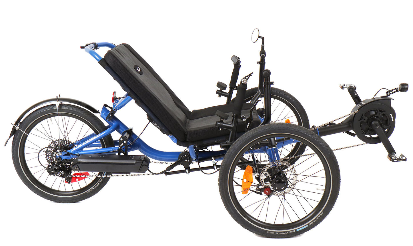 Studio image of profile of blue recumbent trike with black motor, seat, tires, handlebars, and battery.