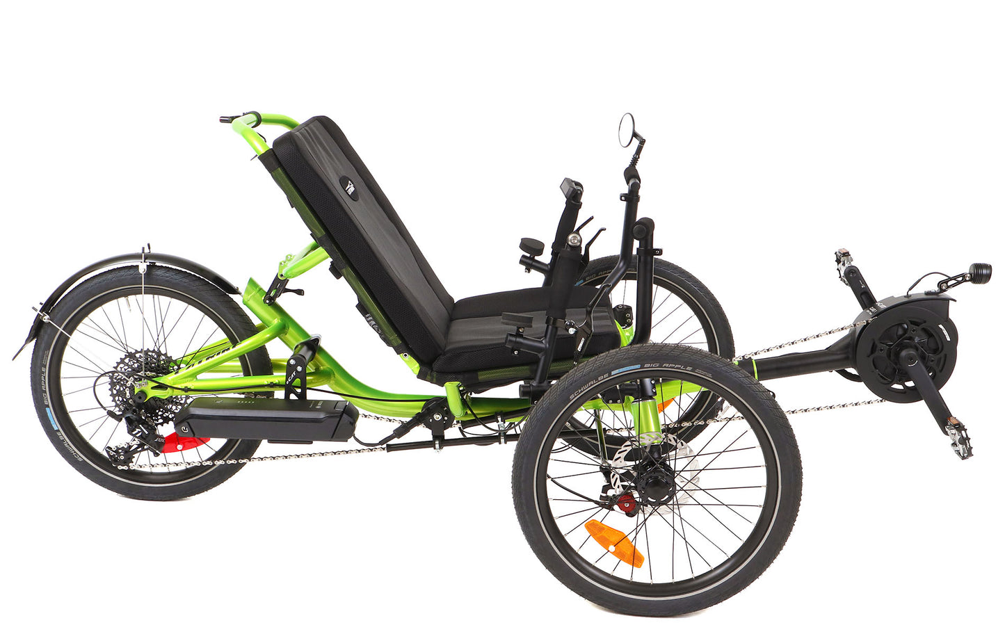 Studio image of bright green recumbent trike with black motor, seat, tires, handlebars, and battery.
