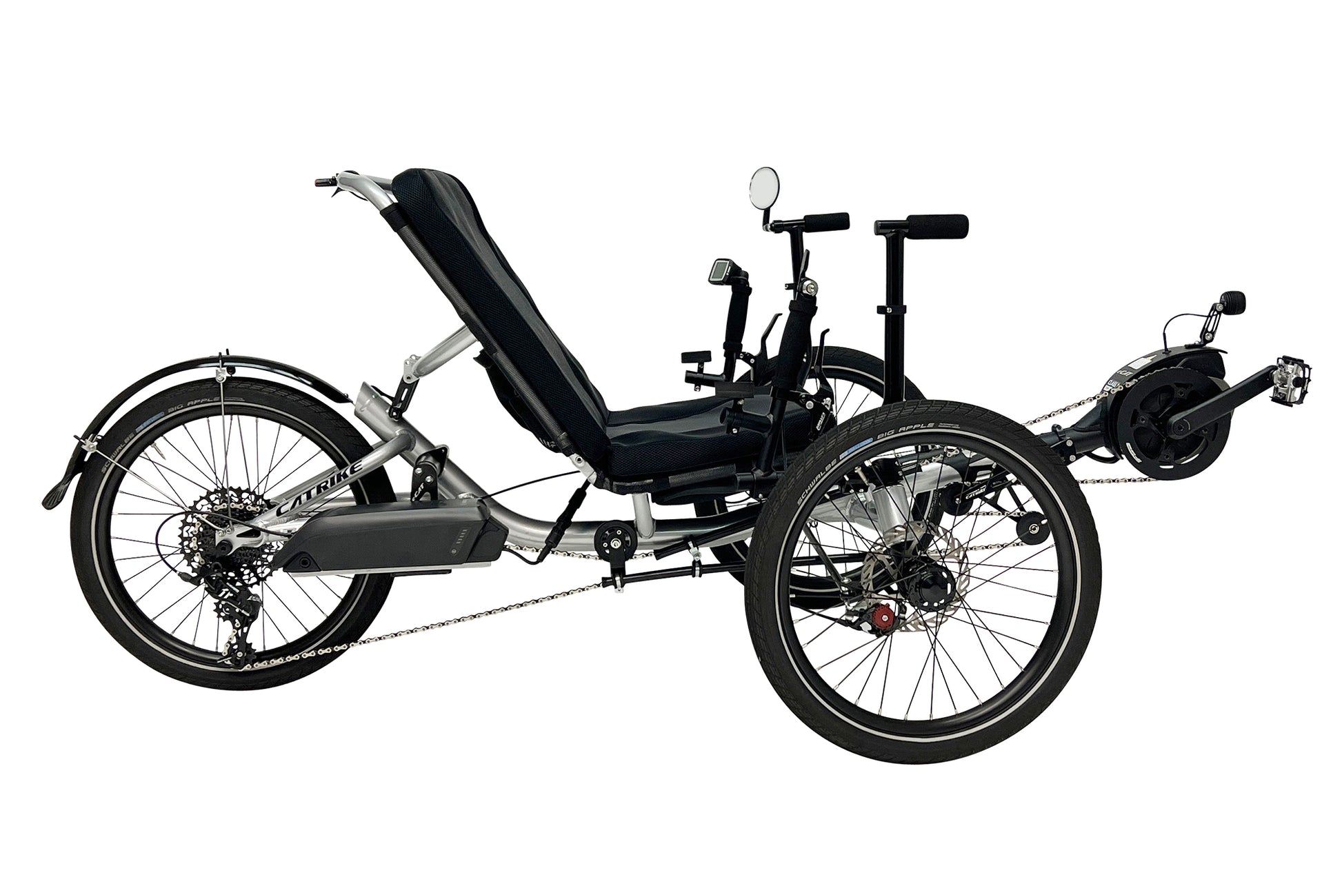 Side view of the Catrike Max eCat with Bosch BES3 Recumbent Trike in Moon Rock Silver against a white background.