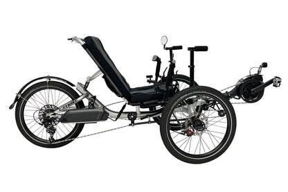 Side view of the Catrike Max eCat with Bosch BES3 Recumbent Trike in Moon Rock Silver against a white background.