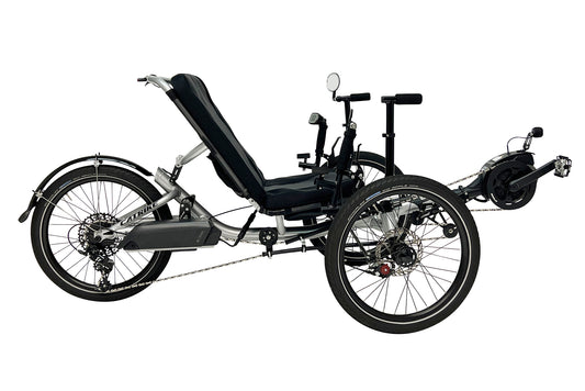 Side view of the Catrike Max eCat with Bosch BES3 Recumbent Trike in Moon Rock Silver against a white background.