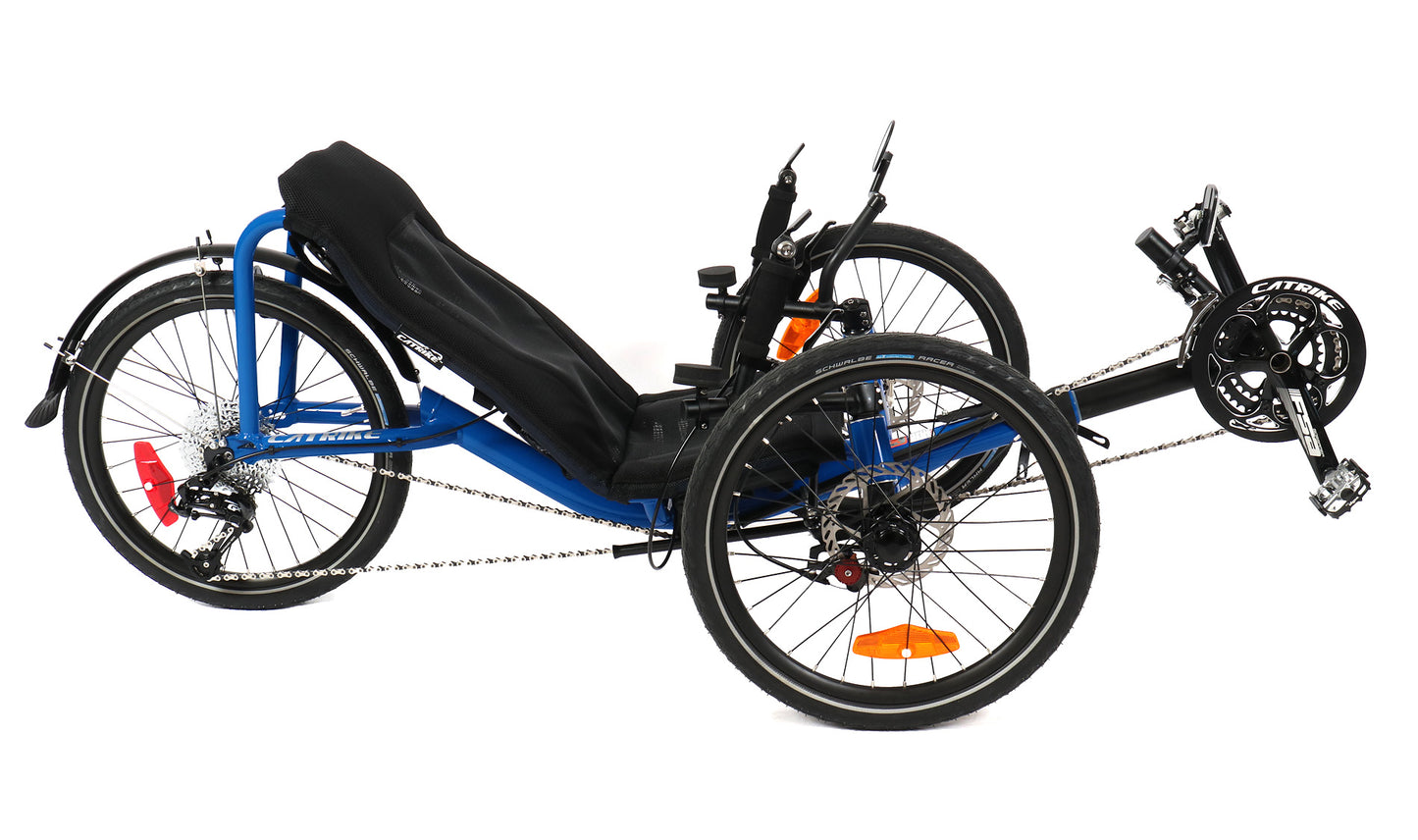 Side view of the Catrike Pocket Recumbent Trike in Electric Blue against a white background.