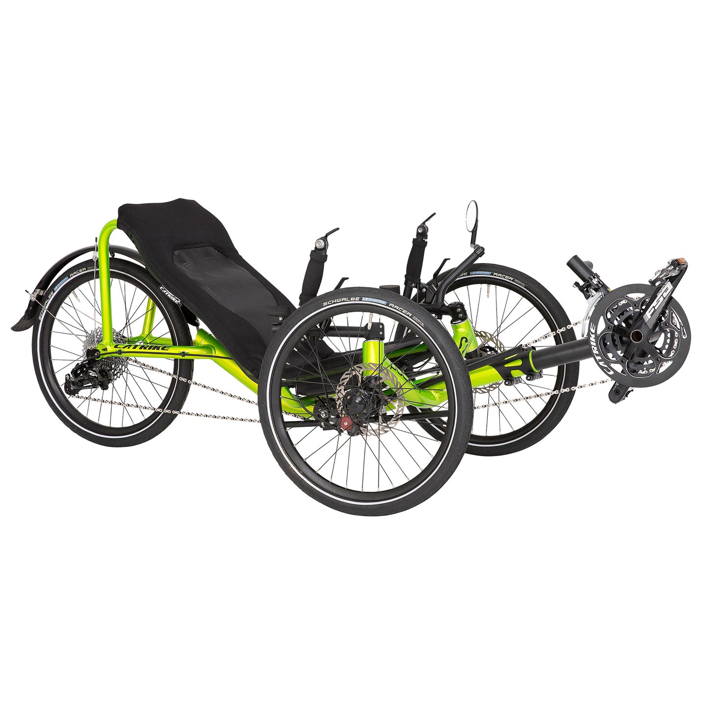 Angled side view of the Catrike Pocket Recumbent Trike in Eon Green against a white background.
