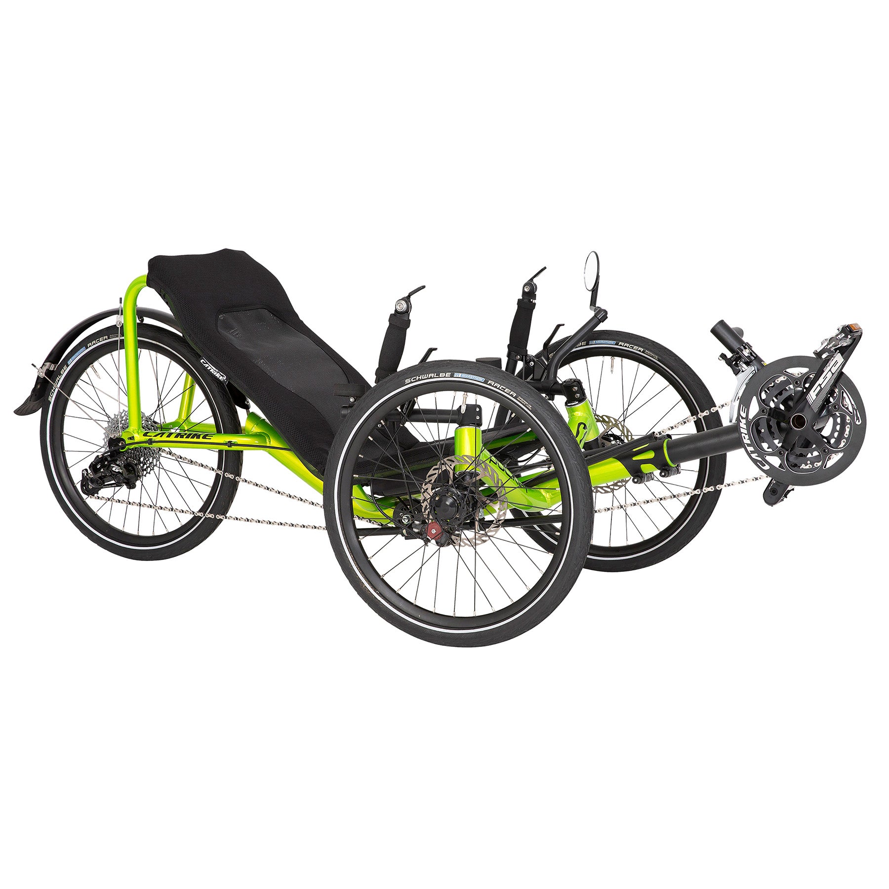 Angled side view of the Catrike Pocket Recumbent Trike in Eon Green against a white background.