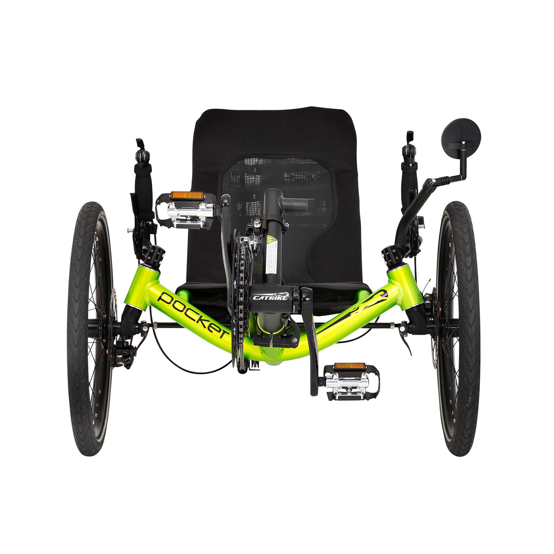 Front view of the Catrike Pocket Recumbent Trike in Eon Green against a white background.