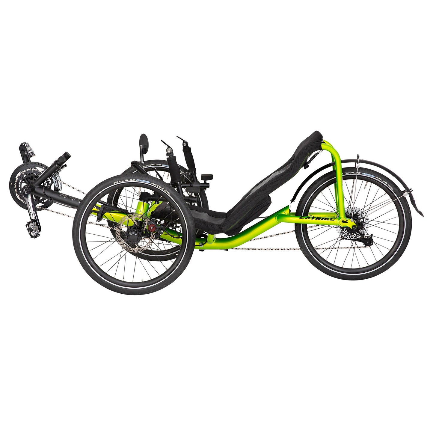 Non-drive side view of the Catrike Pocket Recumbent Trike in Eon Green against a white background.