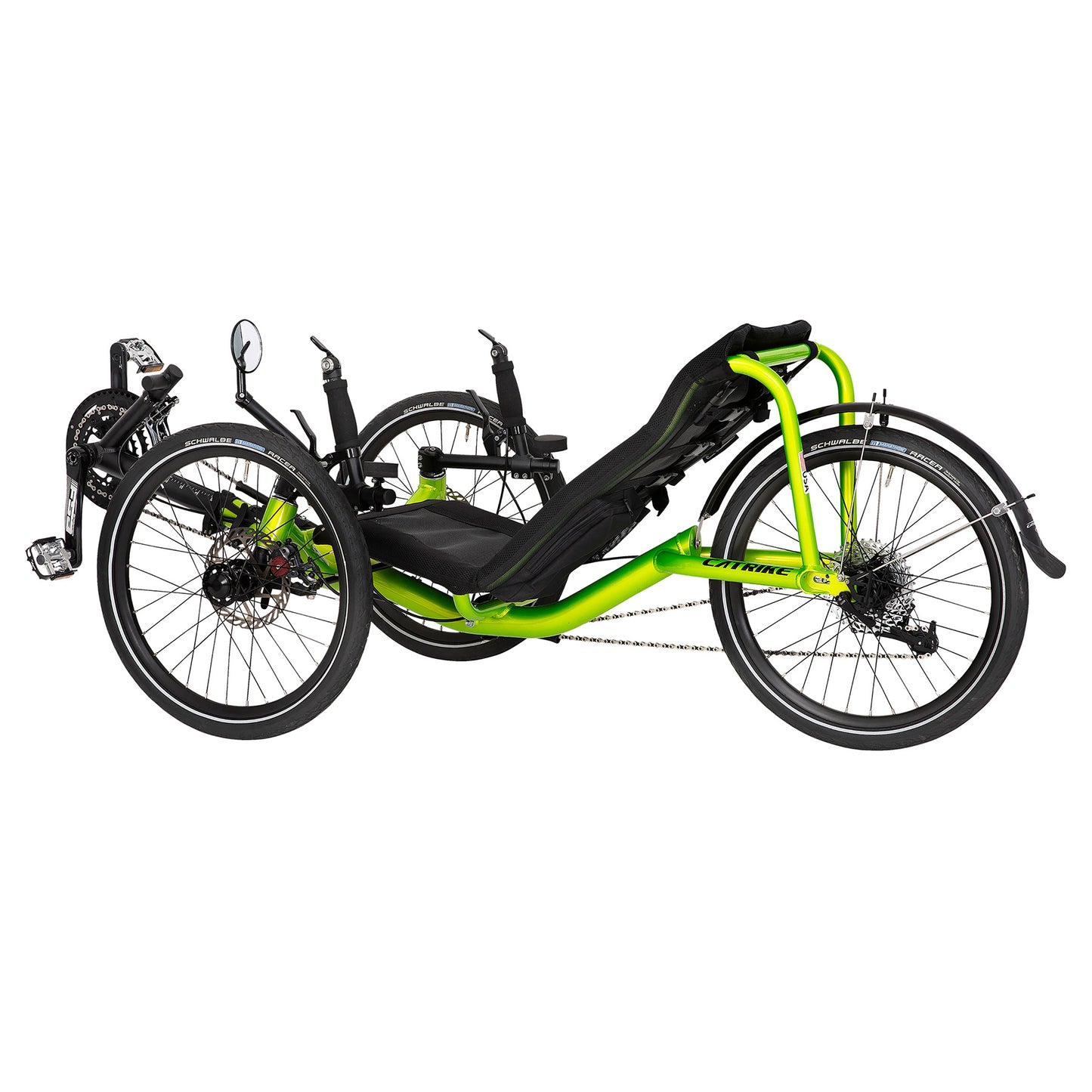 Non-drive side angled view of the Catrike Pocket Recumbent Trike in Eon Green against a white background.