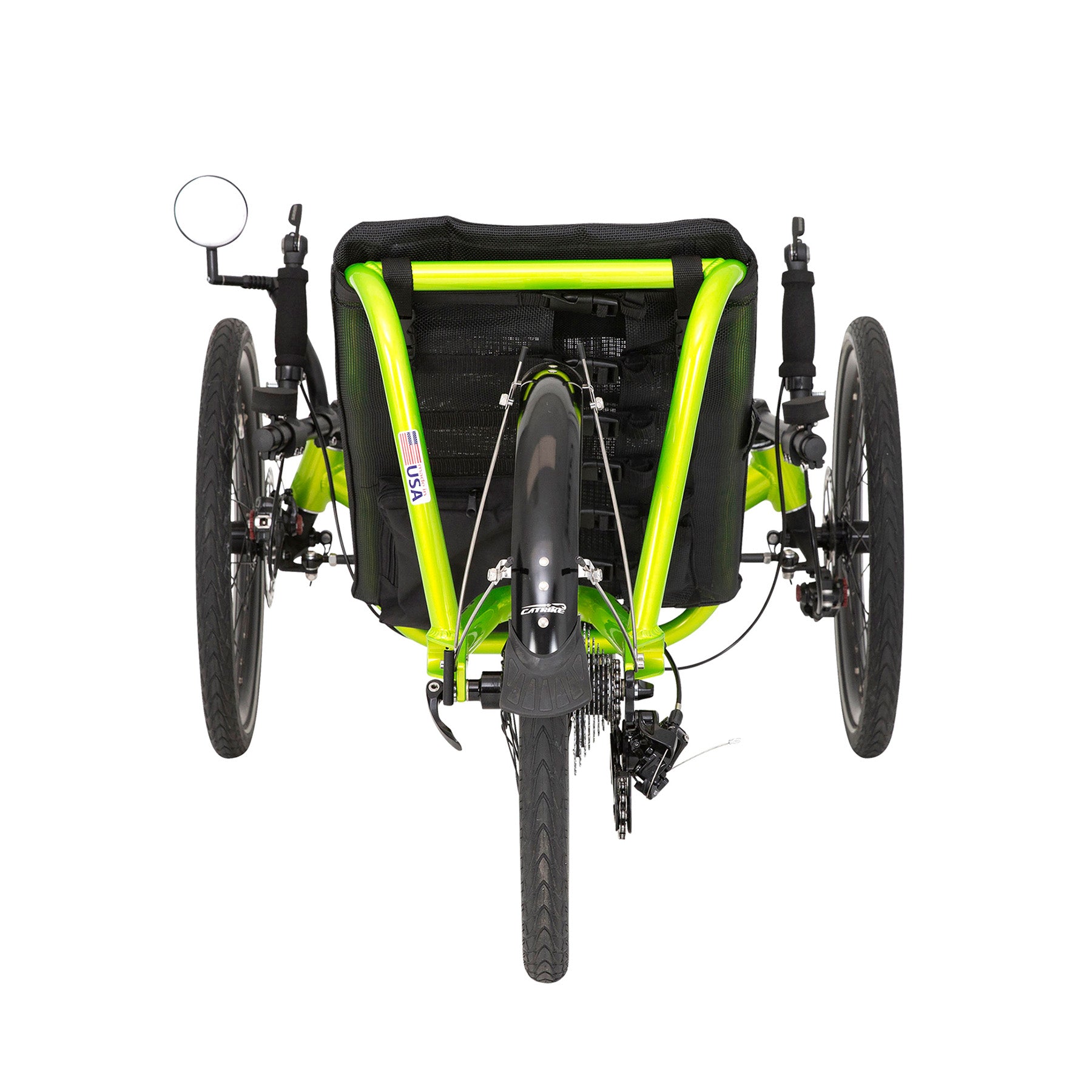Rear view of the Catrike Pocket Recumbent Trike in Eon Green against a white background.