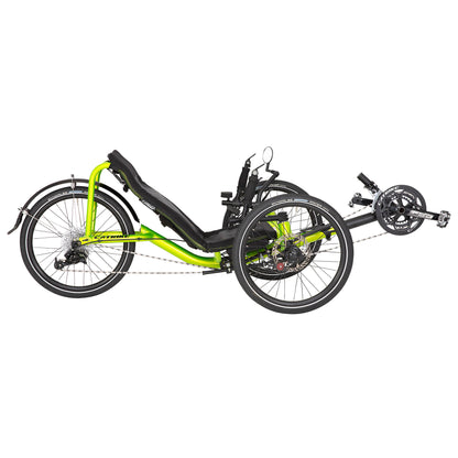 Side view of the Catrike Pocket Recumbent Trike in Eon Green against a white background.