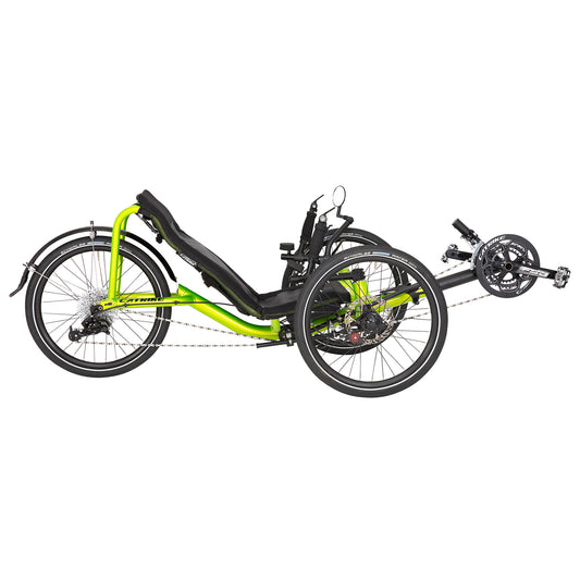 Side view of the Catrike Pocket Recumbent Trike in Eon Green against a white background.